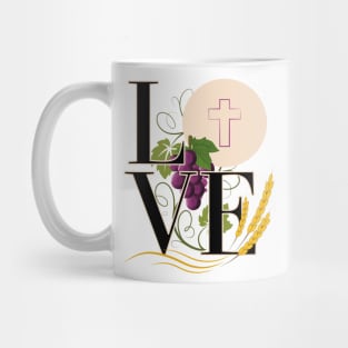 Eucharist LOVE Typography Host Wheat Grapes Mug